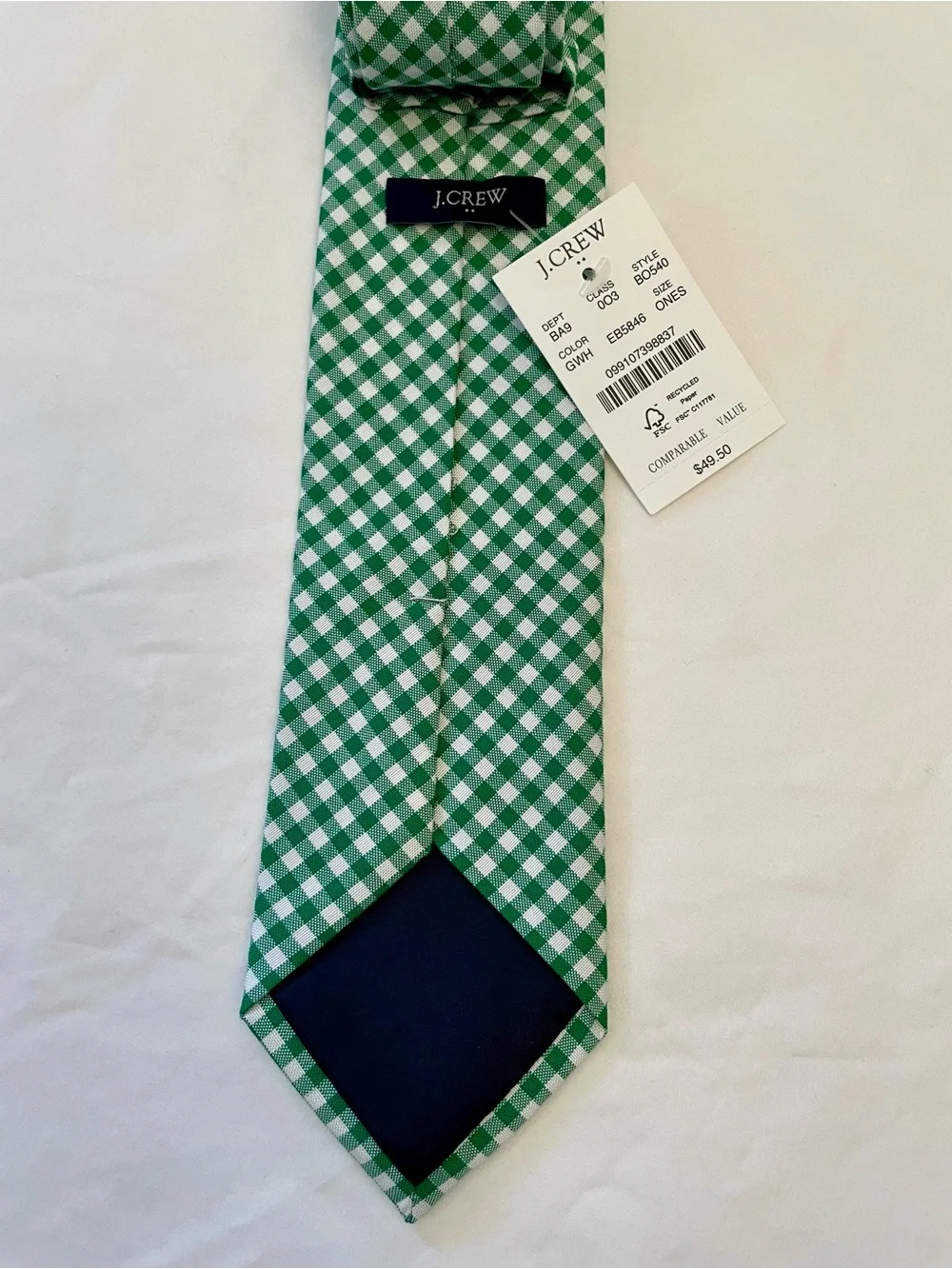 J. Crew Green and White Gingham Checkered Tie